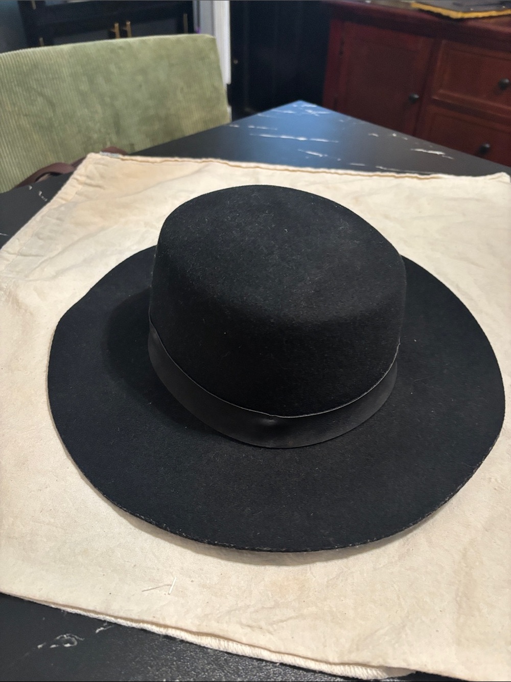 Source Unknown Black Felt Wide-Brim 100% wood and leather Hat
